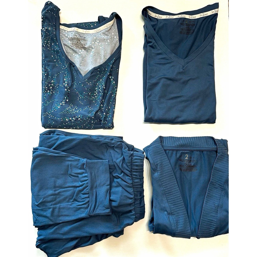 Live 2 Lounge 4 Piece Pajama Set Cardigan Tank Tee Joggers Slate Blue Size L